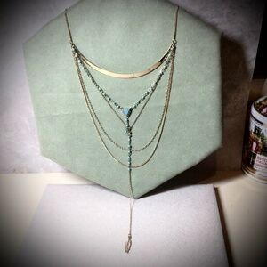 Faux Turquoise Beaded Multi Strand Gold Tone Lariet Feather Charm Necklace